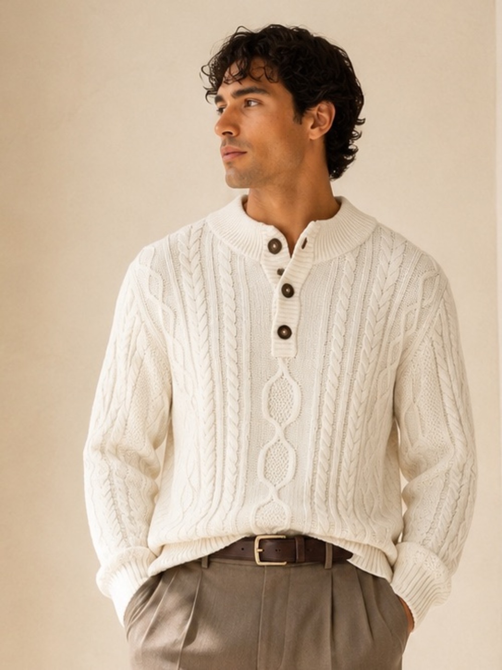 Tilley Chunky Cable Knit Cotton Henley Sweater Ivory Quiet Luxury Sz M